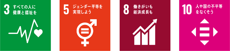 3.すべての人に健康と福祉を。5.ジェンダー平等を実現しよう。8.働きがいも経済成長も。10.人や国の不平等をなくそう。