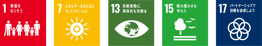 1.貧困をなくそう。7.エネルギーをみんなにそしてクリーンに。13.気候変動に具体的な対策を。15.陸の豊かさも守ろう。17.パートナーシップで目標を達成しよう。